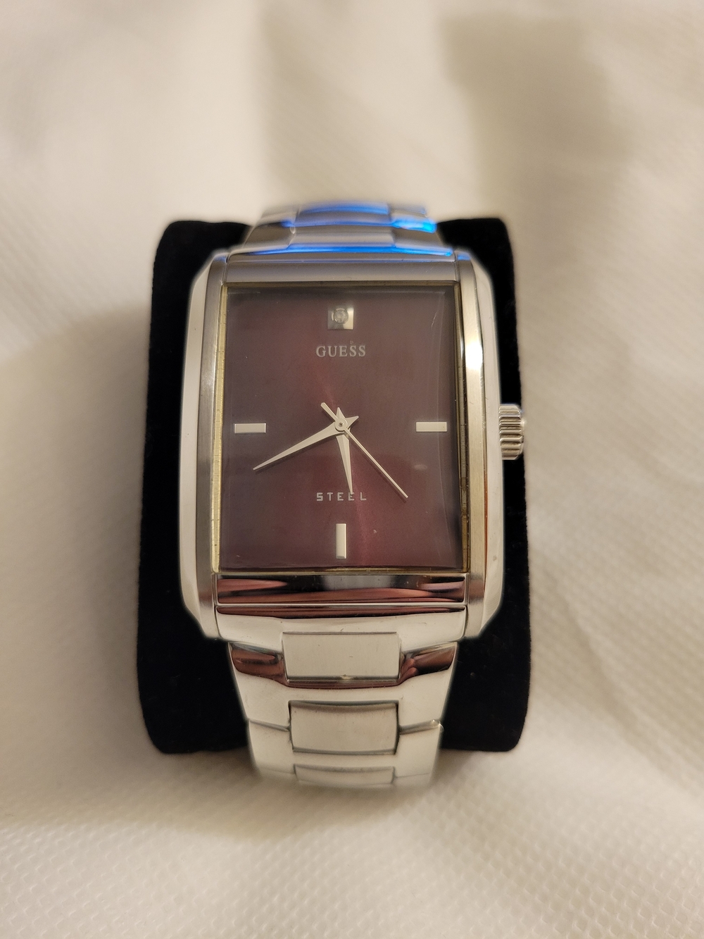 GUESS Silver Stainless Steel Watch with Burgundy Dial **Needs Battery**